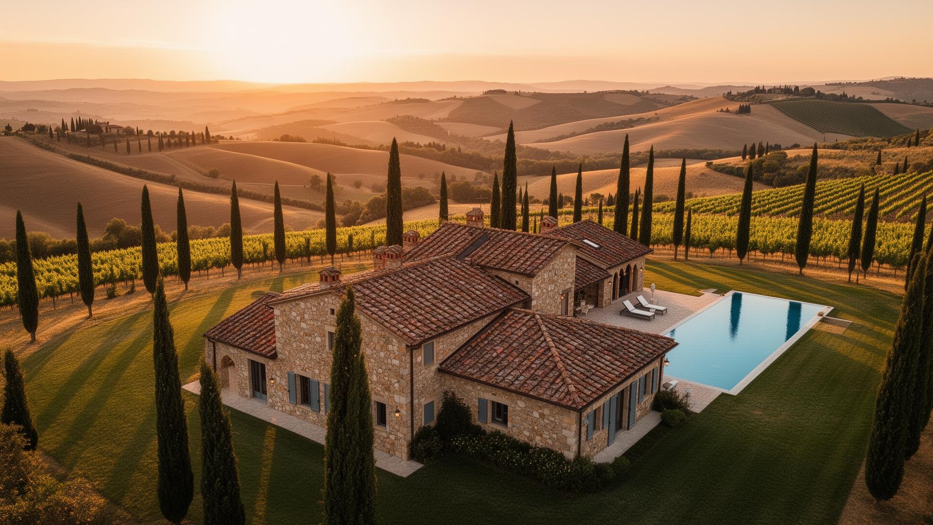 A stone villa among vineyards and cypress trees in the hills near Cortona at golden hour