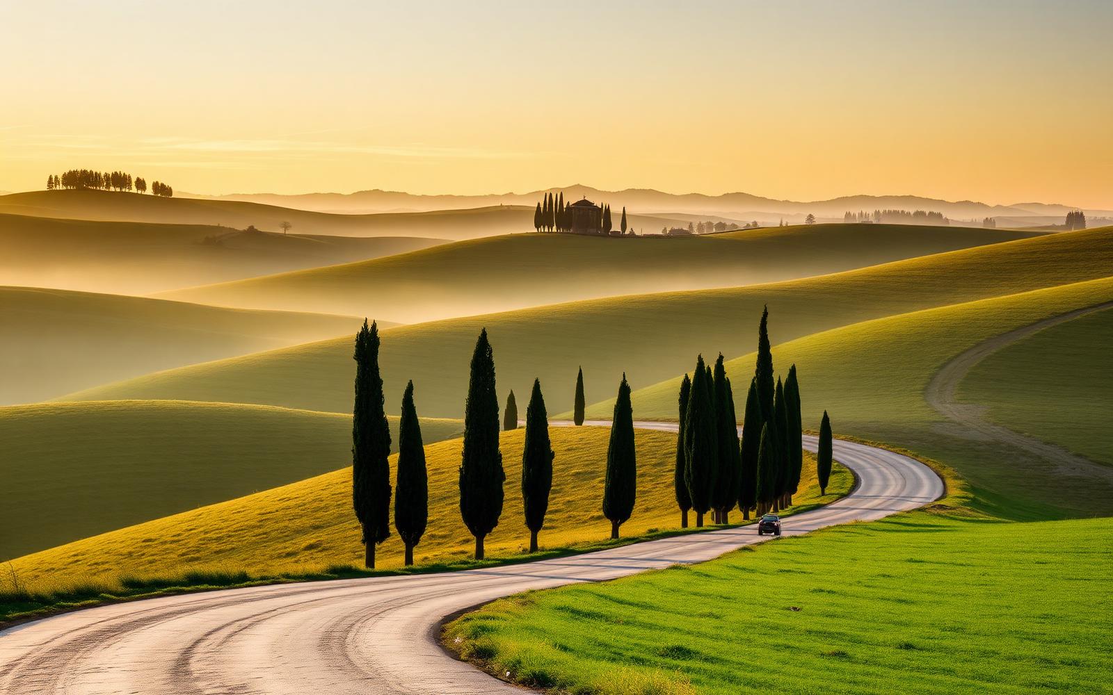 A cypress-lined road winding through the golden hills of the Val d'Orcia at sunrise
