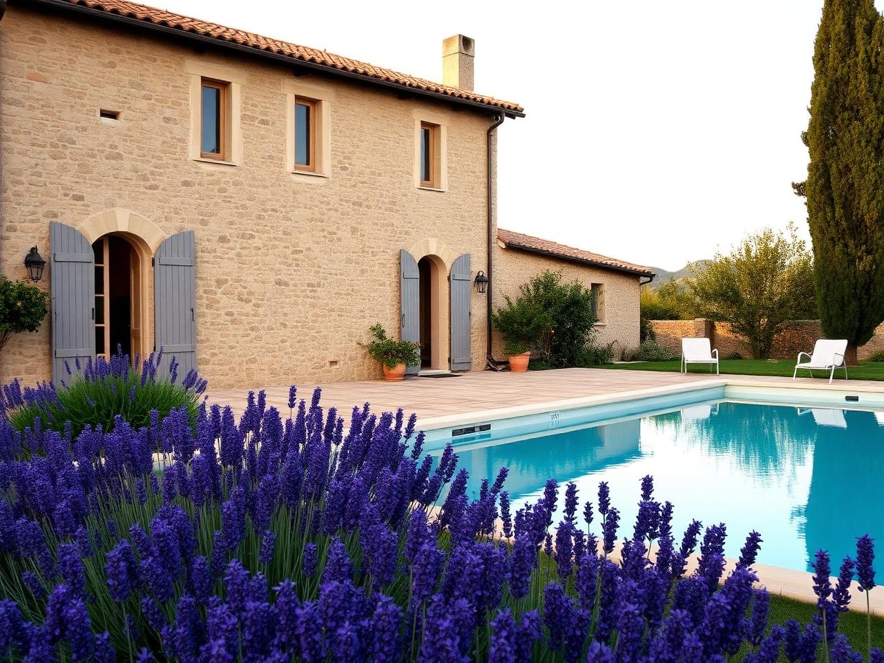 A honey-coloured stone farmhouse with a swimming pool and lavender in the Tuscan countryside
