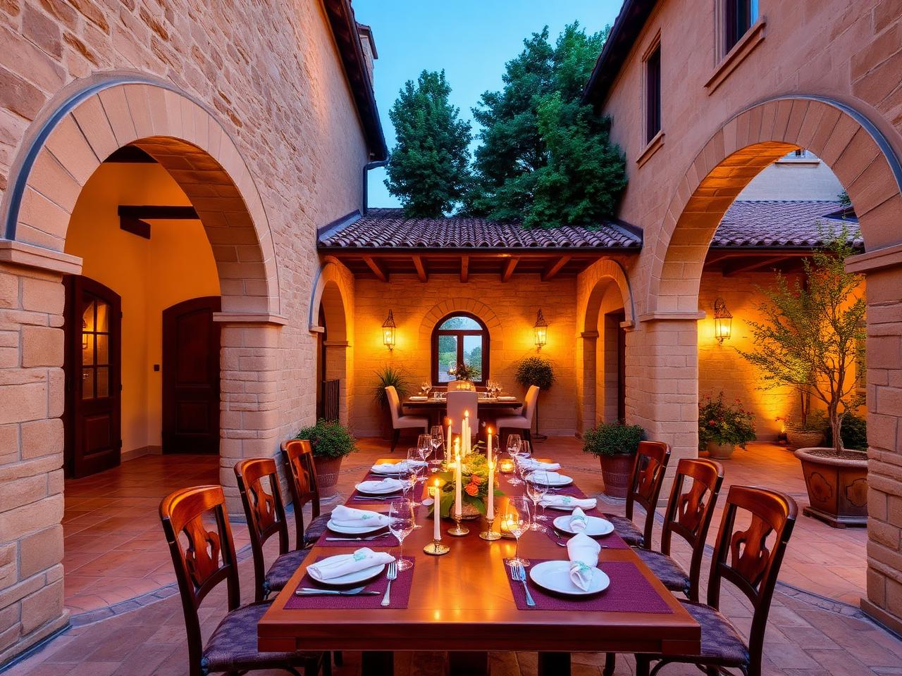 A candlelit dinner table set under the stone arches of a Tuscan courtyard at dusk