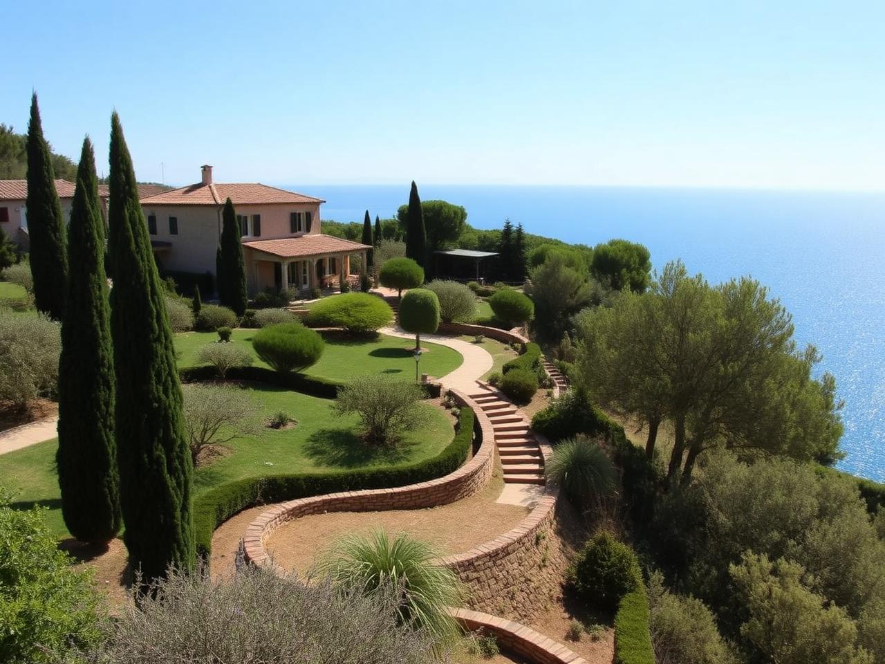 A garden of cypress and olive trees at a Tuscan villa overlooking the coast