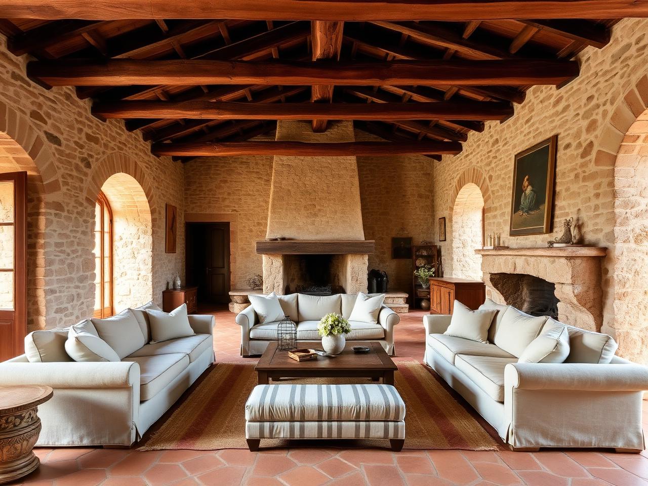 The beamed stone living room of a restored Tuscan farmhouse with a fireplace